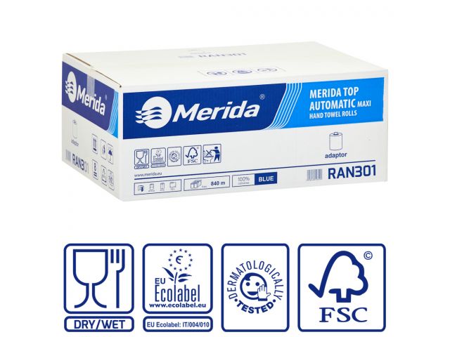 MERIDA TOP AUTOMATIC MAXI - paper towel in roll for maxi auto-cut dispenser, blue, 2-ply, diameter 19 cm, 140 m (6 rolls / carton)